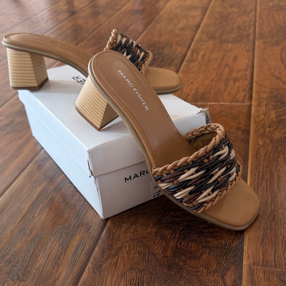 Marc Fisher Braided Multi-Tone Tan Block Heel Mules